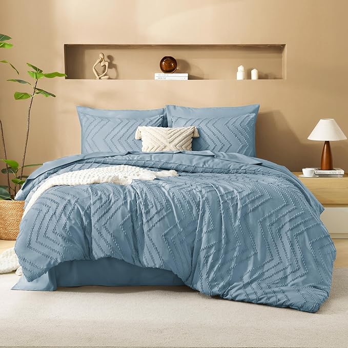 Litanika Super King Plus Size Comforter Set with Sheets Grayish Blue - 7 Pieces Bed in a Bag Oversized King Boho Tufted Complete Bedding Sets with Comforter, Sheets, Pillowcases & Shams