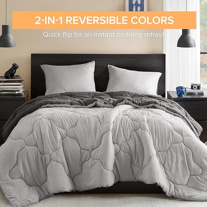 Comfort Spaces Comforter Set Vibrant Reversible Comforters Queen Size Quilted Bedding Set, All Season Lightweight Bedding, Soft Microfiber Comforter, Vixie, Grey/Light Grey Full/Queen 3 Piece