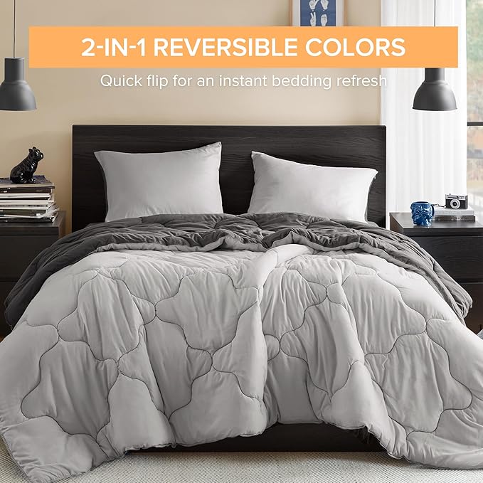 Comfort Spaces Comforter Set Vibrant Reversible Comforters King Size Quilted Bedding Set, All Season Lightweight Bedding, Soft Microfiber Comforter, Vixie, Grey/Light Grey King 3 Piece