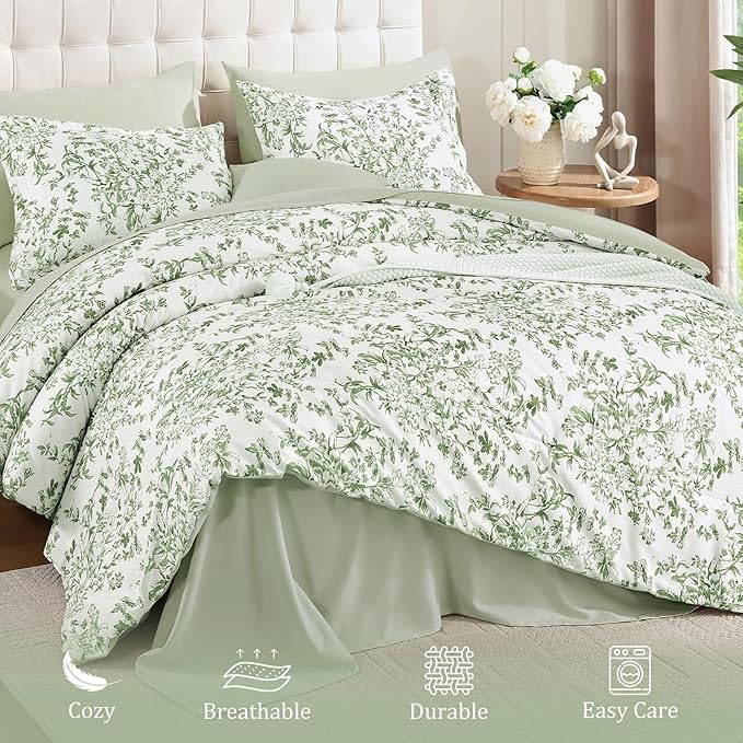 WONGS BEDDING 8 Pieces Full Size Comforter Set Green, Sage Green Floral Bed in a Bag Comforter Sets, Soft Reversible Botanical Flowers Bedding Sets for All Season (78"x90")