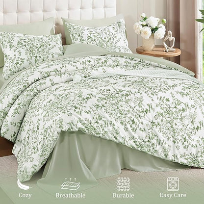 WONGS BEDDING 8 Pieces Full Size Comforter Set Green, Sage Green Floral Bed in a Bag Comforter Sets, Soft Reversible Botanical Flowers Bedding Sets for All Season (78"x90")