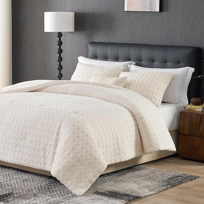 Amélie Home Waffle Comforter King Set, Jacquard Design Fleece Bed Set, Super Soft Plush Bedding Set for Winter, Beige, 3 Pieces, 1 Cozy Comforter and 2 Pillowcases