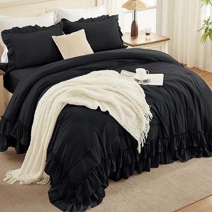 Andency Black California King Comforter Set(104x96Inch), 3 Pieces Farmhouse Shabby Chic Ruffle Bedding Comforter Sets, Lightweight Fluffy Soft Microfiber All Season Bed Set