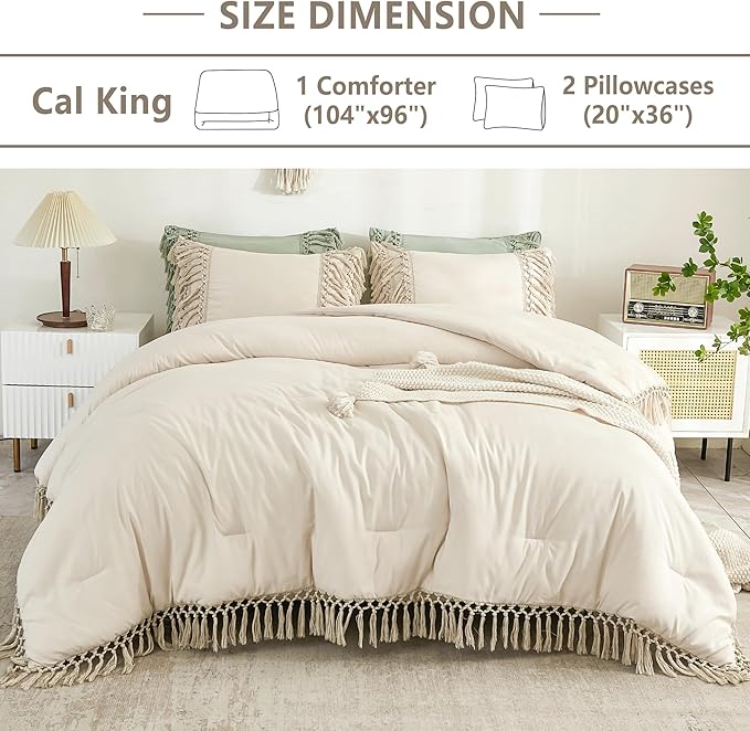 Andency Beige Comforter Set California King, 3 Pieces Boho Tassel Lightweight Soft Bedding Comforter Sets for King Bed, All Season Fluffy Fringe Bed Set (104x96In Comforter & 2 Pillowcases)