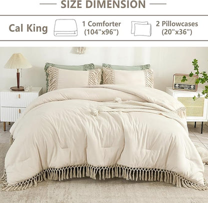 Andency Beige Comforter Set California King, 3 Pieces Boho Tassel Lightweight Soft Bedding Comforter Sets for King Bed, All Season Fluffy Fringe Bed Set (104x96In Comforter & 2 Pillowcases)