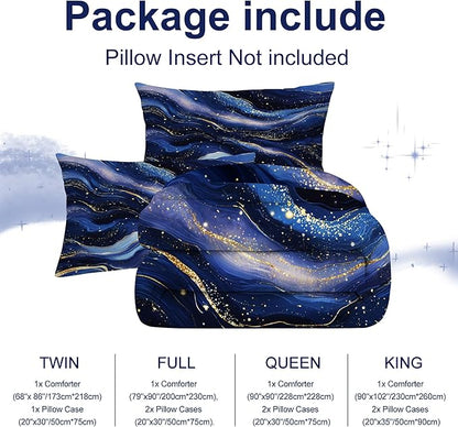 Luxury Navy Blue Gold Comforter Set Queen Size for Kids Women Men Royal Blue Gold Marble Bedding Set Abstract Goled Lines Bed Set Blue Galaxy Agate Quilt Set with 1 Comforter + 2 Pillowcases