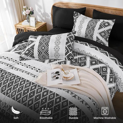 Luxudecor Black Comforter Set King Size 7 Pieces,Boho Aztec Comforter with Sheet Set,Geometric Striped Pattern Bed in a Bag,Soft Microfiber Bed Set 104"x90"