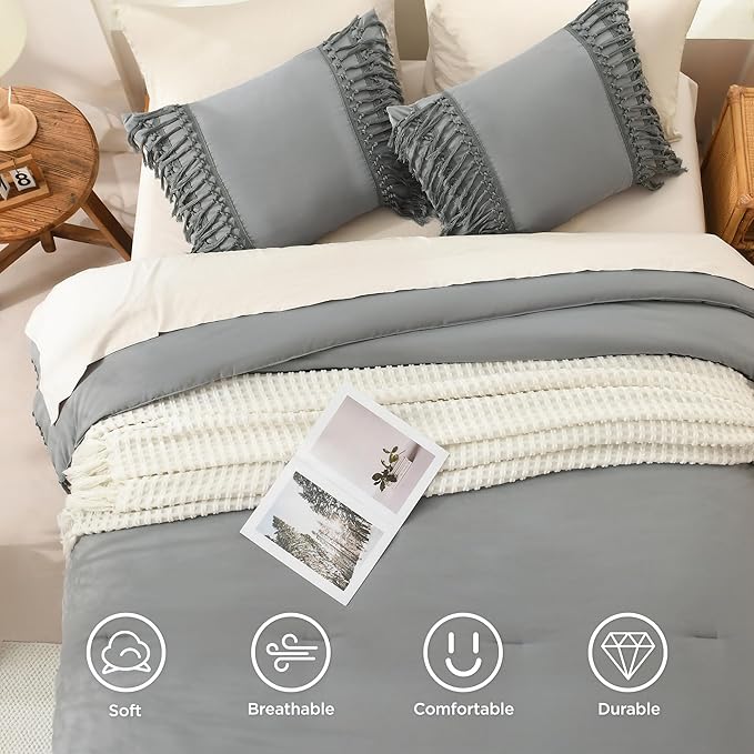 Andency Comforter Full Size Set Medium Grey, Boho Lightweight Vintage Soft Bedding Comforter Sets, 3 Pieces Bed Set (79x90In Comforter & 2 Pillowcases)