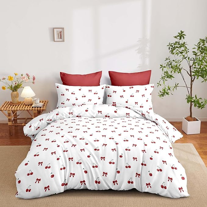 Nayoroom Red Cherry Comforter Set Queen Size Cute Bow Comforter 3 Pieces Soft Lightweight Kids Girls Aesthetic Dorm Bedding Set for All Seasons