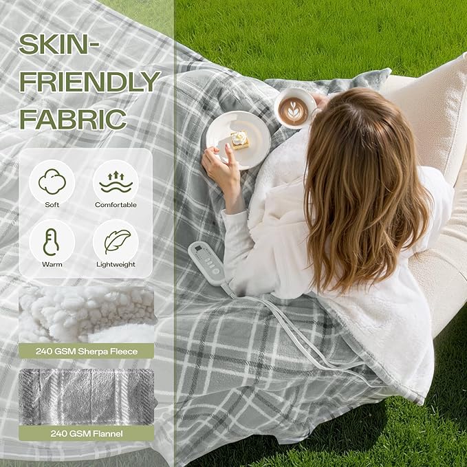 Electric Blanket Heated Full Size-72" x 84" Heated Blanket with 8 Heat Levels & 10 Hours Auto Off, Fast Heating Sherpa Blankets with ETL & FCC Certification, Washable, Grey Plaid