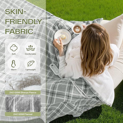 Electric Blanket Heated Twin, 62" x 84" Double-Sided Flannel＆Sherpa Heated Blanket with 8 Heat Levels & 10 Hours Auto Off, Fast Heating Blankets with ETL & FCC Certification, Grey Plaid