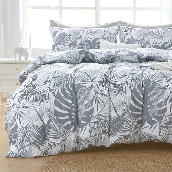 MUXHOMO Black&Grey Full Comforter Set, Elegant Floral Print Bed in a Bag 7 Pieces, Ultra Soft & Breathable Reversible Botanical Pattern Bedding Set with Comforter, Sheets, Pillowcases, and Shams