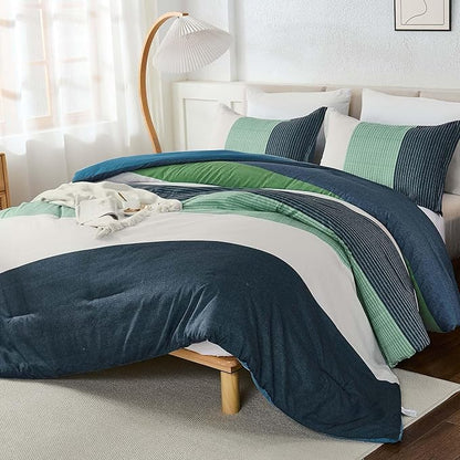 WONGS BEDDING Comforter Set Queen Size, 3 Pieces Blue Striped Patchwork Comforter for Queen Bed, Soft Microfiber Reversible Bedding Set for All Season (90"x90")