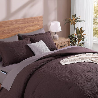 Geniospin Queen Comforter Set - 7 Pieces Purple Bedding Set, Botanical Textured Comforter Set, All Season Comfortable Bed in a Bag with Comforter, Sheets, Pillowcases & Shams
