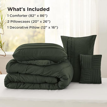 Bedsure Full Comforter Set - 4 Pieces Pinch Pleat Bed Set, Olive Green Boho Bedding for All Season, 1 Soft Comforter, 2 Pillowcases, 1 Decorative Pillow