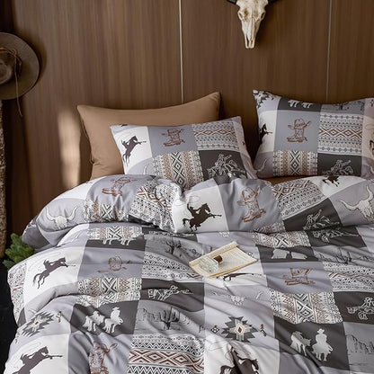 Wake In Cloud - Western Comforter Set, Southwestern Aztec Country Horse Cowboy Rustic Ranch Pattern Printed, Soft Lightweight Bedding, 3 Pieces, Gray Brown, Queen Size