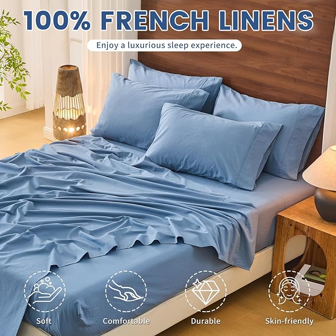 Bedlifes 100% French Pure Linen Sheets Queen Size Breathable and Cooling Flax Sheet Set Soft Durable and Moisture Wicking 16 Inch Deep Pocket-4 Piece(Queen,Flint Blue)