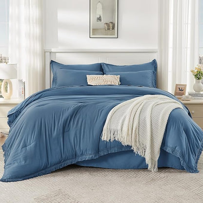 Andency Full Size Comforter Set Sea Blue -7 Pieces Boho Tassel Bed in a Bag Soft Lightweight Bedding Sets, Fringe All Season Bed Set with Comforter, Sheets, Pillowcases & Shams