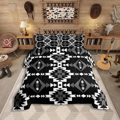 Western Aztec Comforter Set Toddler Size, Native American Navajo Bedding Set for Boys Adult Teens, Southwestern Geometric Quilt Ethnic American Native Duvet Insert Rustic Farmhouse Decor, Black White