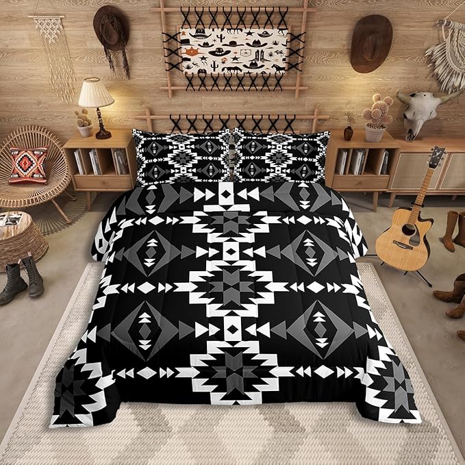 Western Aztec Comforter Set King Size, Native American Navajo Bedding Set For Boys Adult Teens, Southwestern Geometric Quilt Ethnic American Native Duvet Insert Rustic Farmhouse Decor, Black White