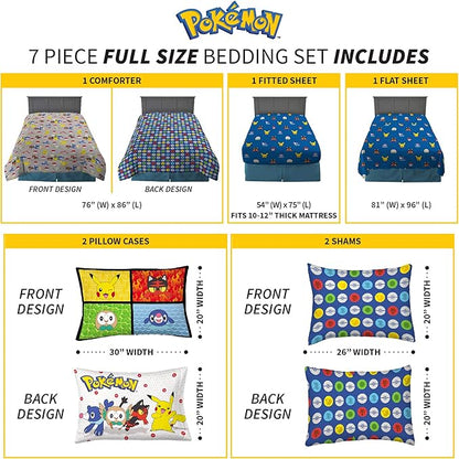 Pokemon Anime Kids Comforter and Sheet Set with Sham, 7 Piece Full Size, by Franco