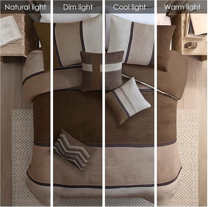 Madison Park Palisades Comforter Set Modern Faux Suede Pieced Stripe Design, All Season Down Alternative Cozy Bedding with Matching Shams, Decorative Pillows, King(104"x92"), Brown 7 Piece