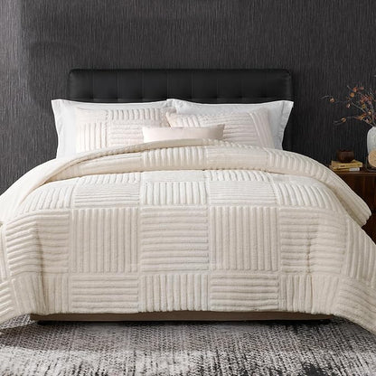 Amélie Home King Size Comforter Set with Stripe Jacquard Design, Beige Fluffy Fleece Bedding Set, Super Warm Fuzzy Plush Bedding Set for Winter, 3 Pieces, 1 Soft Comforter and 2 Pillowcases