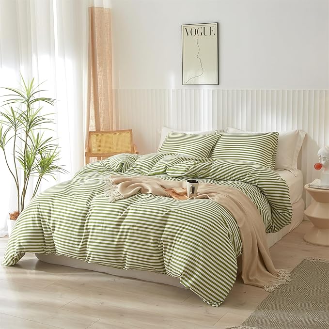 mixinni Striped Comforter Set Twin XL Size - Green White Stripes Pattern Bed Set for All Season, 3 Pieces Lightweight Bedding Comforter Sets for All Seasons (1 Soft Fluffy Comforter + 2 Pillowcases)