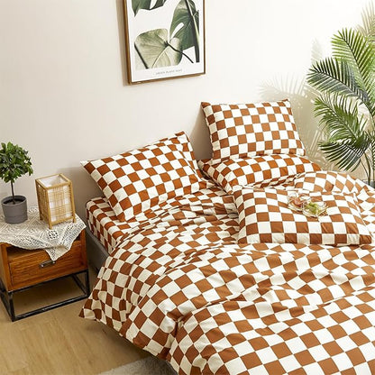 CLOTHKNOW Brown Beige Plaid Queen Comforter Set Grid Bedding Comforter Sets Soft Caramel Queen Comforter Checker with 2 x Pillow Cases