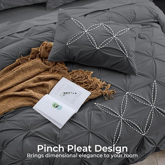 Sasttie Twin Comforter Set, 5-Piece Bed in a Bag, Pintuck Bedding Sets for All Season, Includes Comforter, Flat Sheet, Fitted Sheet, Pillowcase and Pillowsham, Dark Grey