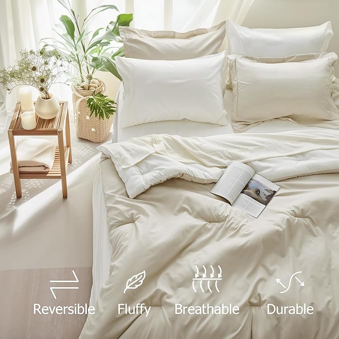 Beige Comforter Set King Reversible Bedding Set, 7 Pieces Soft Bed in a Bag with Comforter, Sheets, Pillowcases & Shams, All Seasons Boho King Bed Set