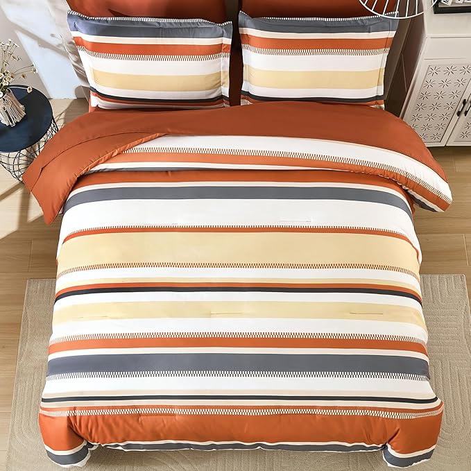 WONGS BEDDING King Size Comforter Set, 7 Pieces Bed in a Bag Orange Bed Set, Soft Boho Striped Bedding Sets with Sheets, Pillowcases & Shams