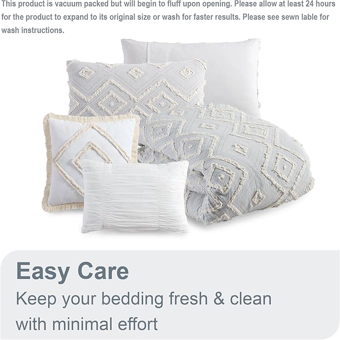 Swift Home Rukai 100% Cotton Washed Clip Jacquard Gauze 5-Piece Bedding Comforter Set, All Season & Breathable, Oeko-TEX Certified – Light Gray, King