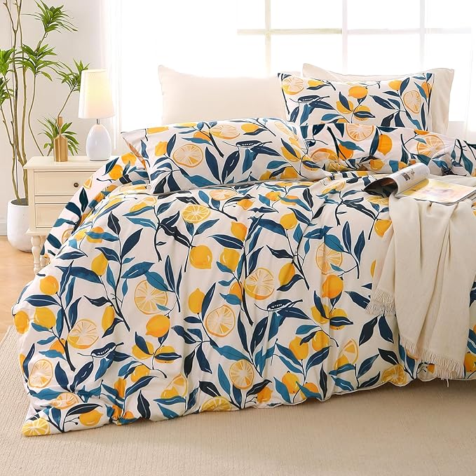 MUXHOMO Lemon Blossom Full Comforter Set, Elegant Floral Print Bed in a Bag 7 Pieces, Ultra Soft & Breathable Reversible Botanical Pattern Bedding Set with Comforter, Sheets, Pillowcases, and Shams
