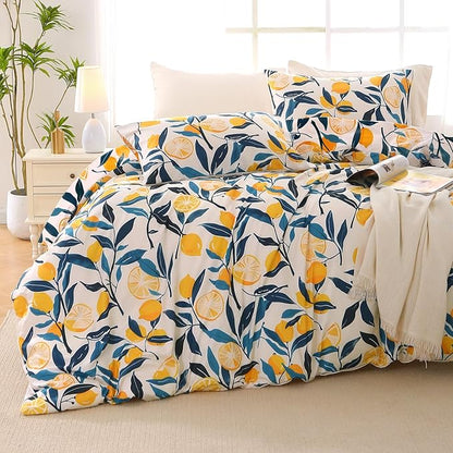 MUXHOMO Lemon Blossom Full Comforter Set, Elegant Floral Print Bed in a Bag 7 Pieces, Ultra Soft & Breathable Reversible Botanical Pattern Bedding Set with Comforter, Sheets, Pillowcases, and Shams