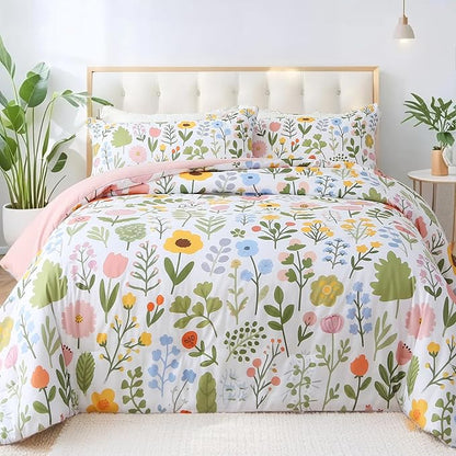 Queen Comforter Set Pink 3 Pieces Bed in a Bag, Colorful Floral Bedding Sets Elegant Botanical Bed Set, Lightweight Soft Comforter with 2 Pillowcases for All Season