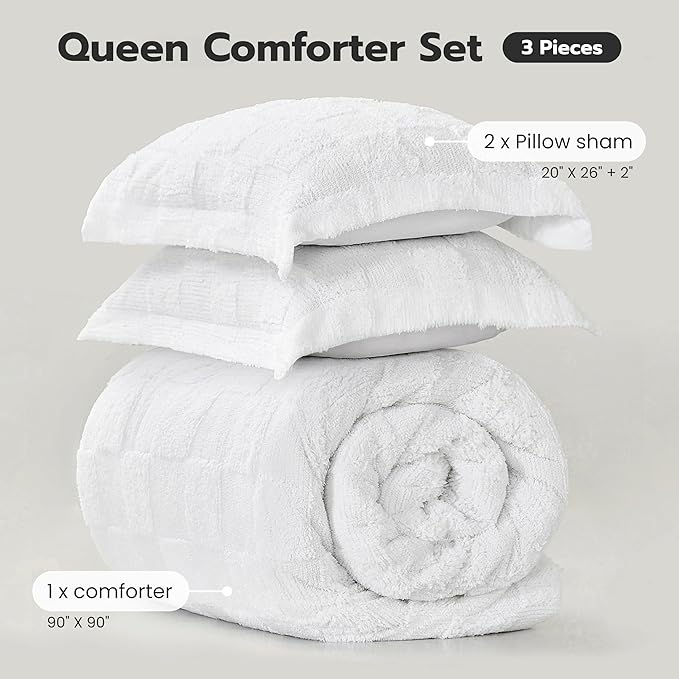 Joiedomi Tufted Queen Comforter Set, 3 Pieces White Boho Queen Bedding Set with 1 Plaid Geometric Comforter and 2 Pillow Shams, Checkered Bed in a Bag for All Seasons