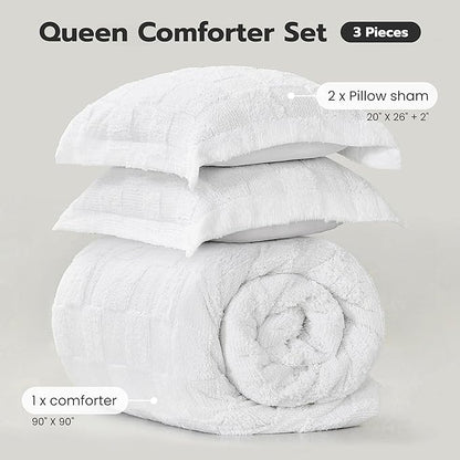 Joiedomi Tufted Queen Comforter Set, 3 Pieces White Boho Queen Bedding Set with 1 Plaid Geometric Comforter and 2 Pillow Shams, Checkered Bed in a Bag for All Seasons