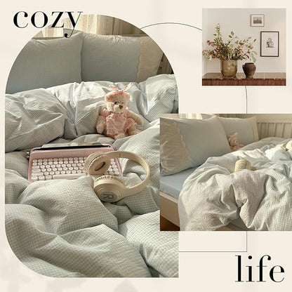 HighBuy King Comforter Set Blue Gingham Comforter for Women Men,Modern Chic Plaid Comforter Set with Ruffle Lace Fluffy Soft Grid Gingham Bedding Set Checkered Comforter with 2 Pillowcases
