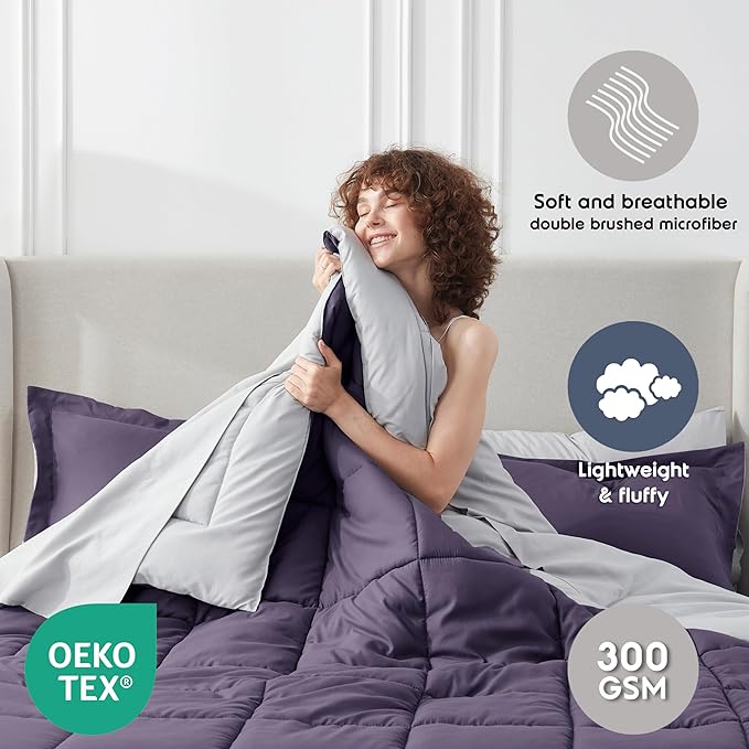 Nestl 7 Piece Queen Comforter Set – Purple Reversible Bed in a Bag – Complete Queen Size Bedding Set with Sheets, Pillowcases and Shams