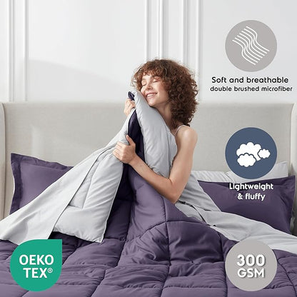 Nestl 7 Piece California King Comforter Set – Purple Reversible Bed in a Bag – Complete Cal King Size Bedding Set with Sheets, Pillowcases and Shams