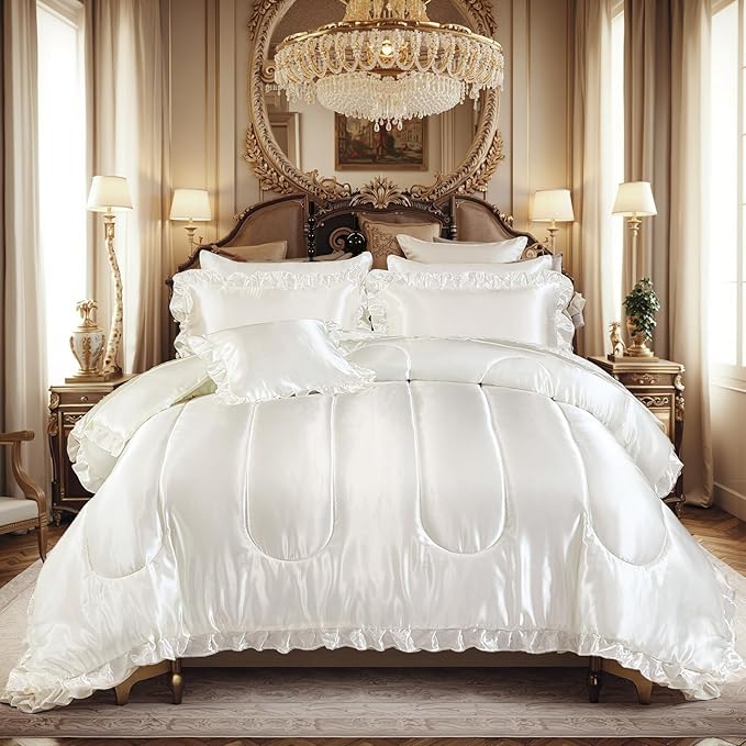 Silk Like Satin Comforter Set with Sheet Set Queen 8 Pcs White Satin Bedding Set Silky Ruffle Pattern Home Deocr Luxury Hotel Silky Bed in a Bag with 1 Cushion Cover