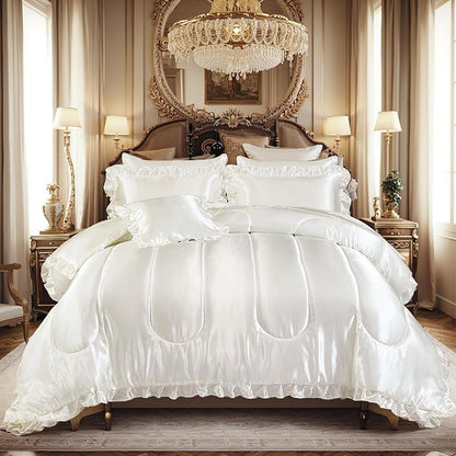 Silk Like Satin Comforter Set with Sheet Set Queen 8 Pcs White Satin Bedding Set Silky Ruffle Pattern Home Deocr Luxury Hotel Silky Bed in a Bag with 1 Cushion Cover