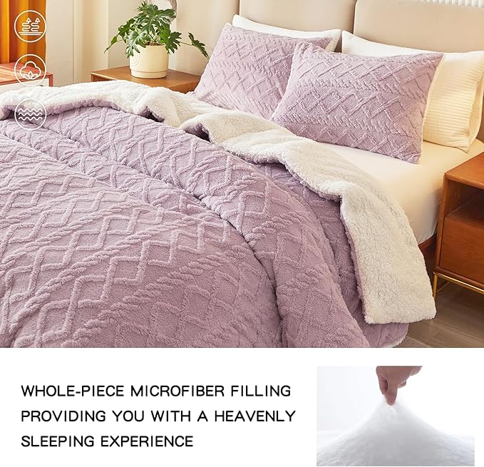 Joyreap 3-Piece Fluffy Faux Fur Sherpa Comforter Set Purple, Twin Size Luxury Tufted Bedding Comforter Set, All Season Soft n Cozy Plush Comforter Bed Set- 68x86 inches