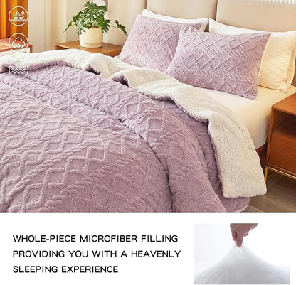 Joyreap 3-Piece Fluffy Faux Fur Sherpa Comforter Set Purple, Queen Size Luxury Tufted Bedding Comforter Set, All Season Soft n Cozy Plush Comforter Bed Set- 88x88 inches