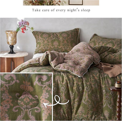 mixinni Muslin Cotton Vintage Olive Green Floral Comforter Set Twin XL Size 3pcs Yarn Dyed Jacquard Weave Paisley Pattern Bedding Comforter Soft Breathable Bedding Sets for All Season-Twin XL Size