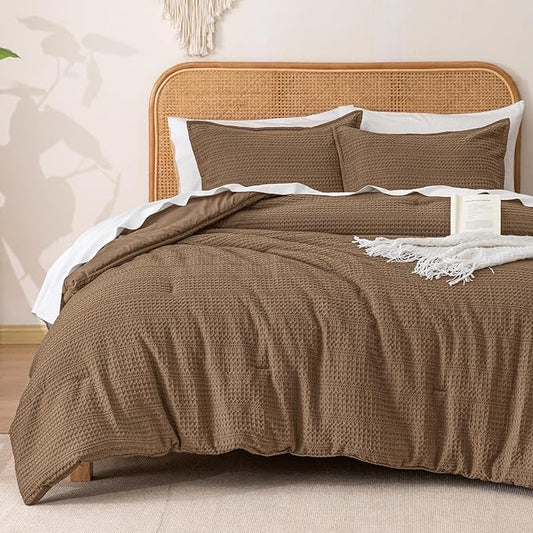 PHF Soft Waffle Comforter Set Queen Size- Comfy Breathable Waffle Weave Comforter with 2 Pillow Shams, 3 Pieces Less Snagging Lightweight Textured Bedding Set for All Season, Mocha/Cocoa Brown
