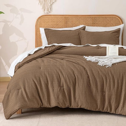 PHF Soft Waffle Comforter Set King Size- Comfy Breathable Waffle Weave Comforter with 2 Pillow Shams, 3 Pieces Less Snagging Lightweight Textured Bedding Set for All Season, Mocha/Cocoa Brown