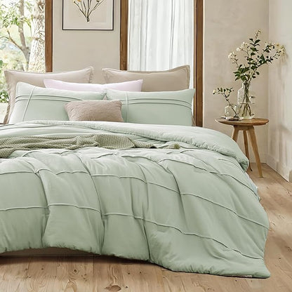Boho King Size Comforter Set, Sage Green King Size Bed Set 3 Piece, Pinch Pleat King Bedding Set and Green Fluffy Comforter Sets for Bedroom