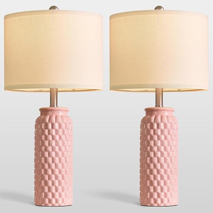 24" Modern Ceramic Pink Bedside Lamp Set of 2 Table Lamp for Bedroom Decor Farmhouse Table Lamp for Living Room Office Dorm